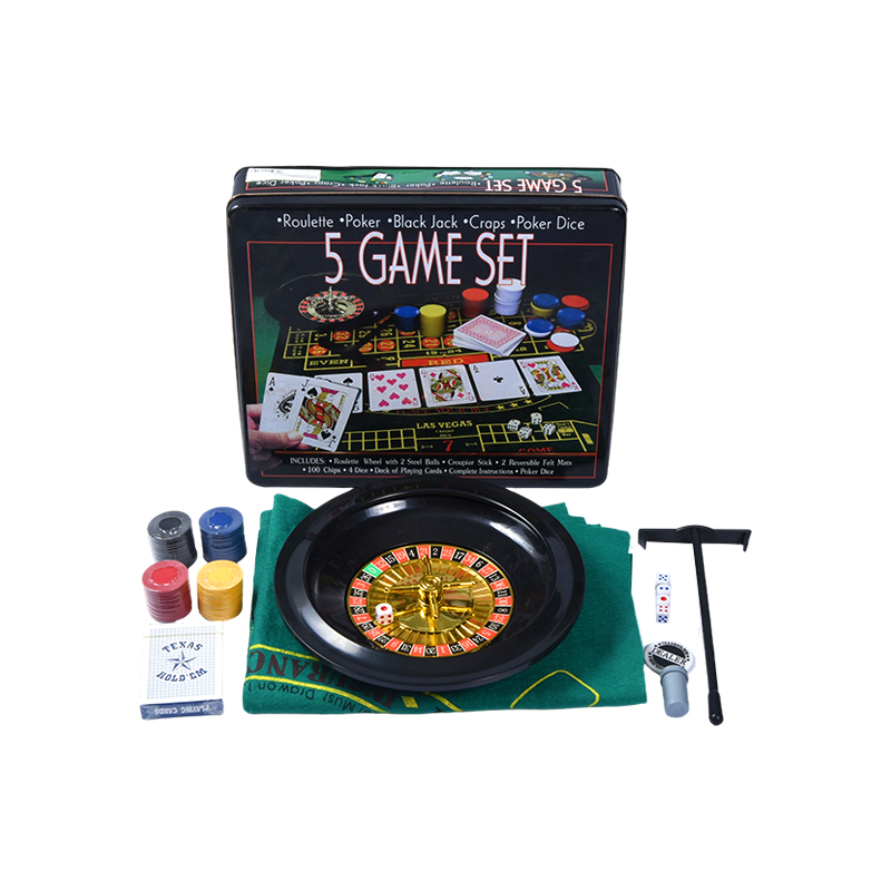 5-in-1 カジノ ゲーム セット – ルーレット、ポーカー、ブラック ジャック、クラップス、ポーカー ダイス (金属缶入り)